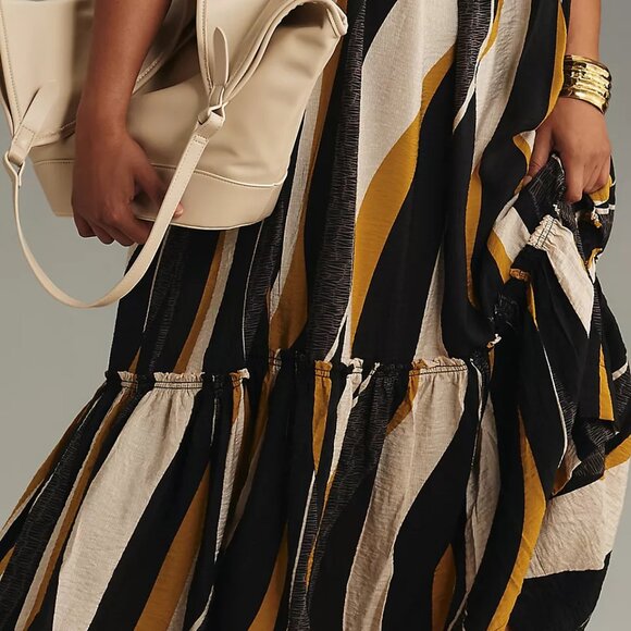 NWT By Anthropologie Square-Neck Waistless Midi Dress Black Motif Size L - Picture 2 of 9